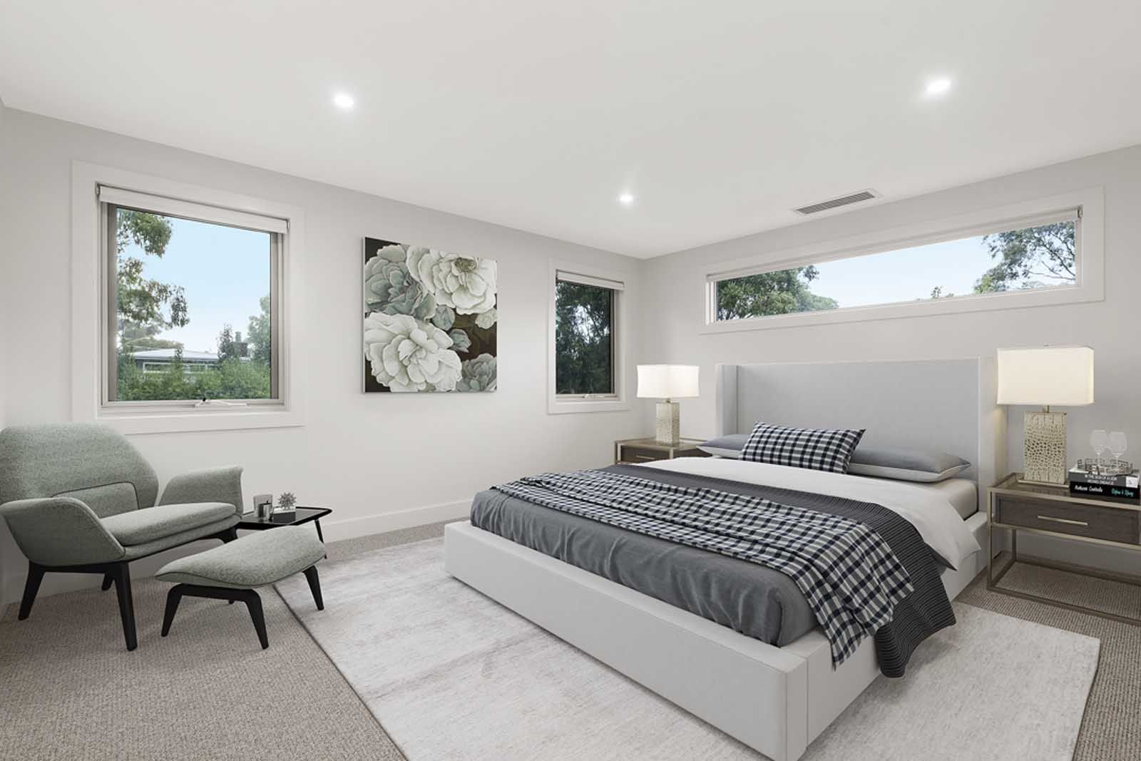 Bedroom with high windows